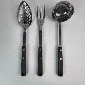 Vintage Ekco Forge 3Pc Utensil Set Black Riveted Handles USA Ladle Fork Spoon